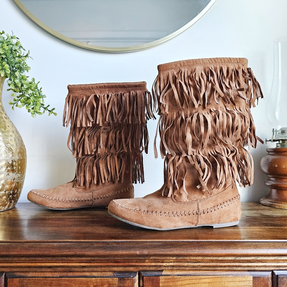 Arizona Jean Company Fringe Cowgirl, Western, Women Tan Fringe Boots Size 8M